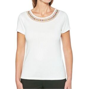 Rafaella Medium White Knit Beaded Blouse Short Sleeve